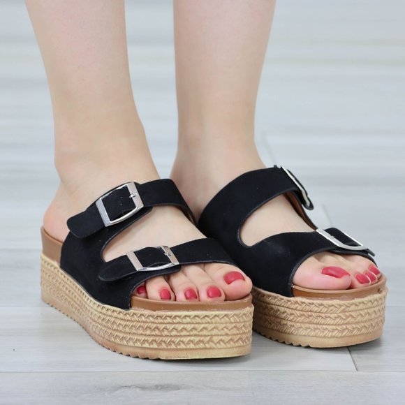 Suede Black Double Straps Comfort Platform Sandal Slip On Sliders - Picture 12 of 12